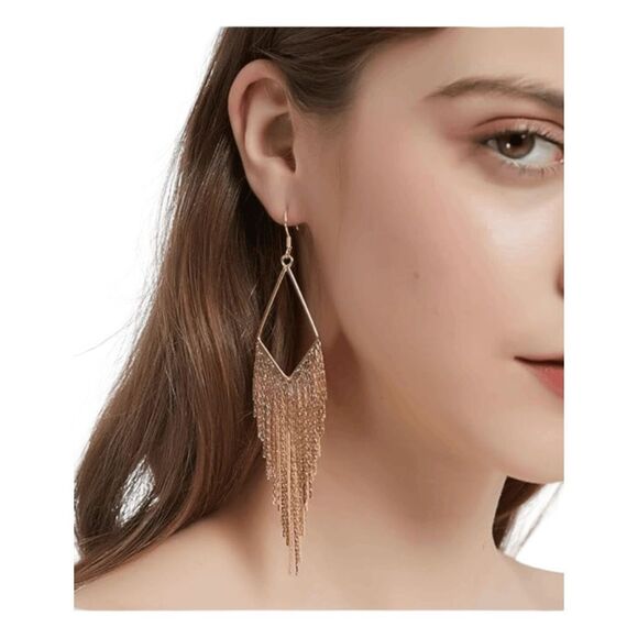 Dangling Gold Tone Metal Chain Tassel Dangle Earrings Statement Bohemian - Picture 2 of 4